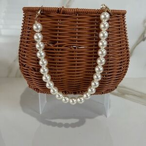 Brown Woven Bag with Pearl Handle Spring